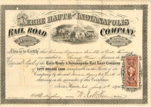 Terre Haute and Indianapolis Railroad Co. - Indiana Railway Stock Certificate